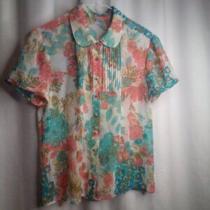 Emma James Blouse M Short Sleeve Button Up Sheer Floral Blue Pink